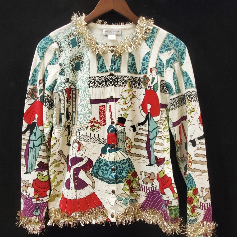 Vintage Christopher & Banks Charles Dickens Christmas Sweater Size S Maximalist - Picture 2 of 12